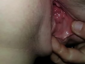 Rubbing away wifes young soaked pussy